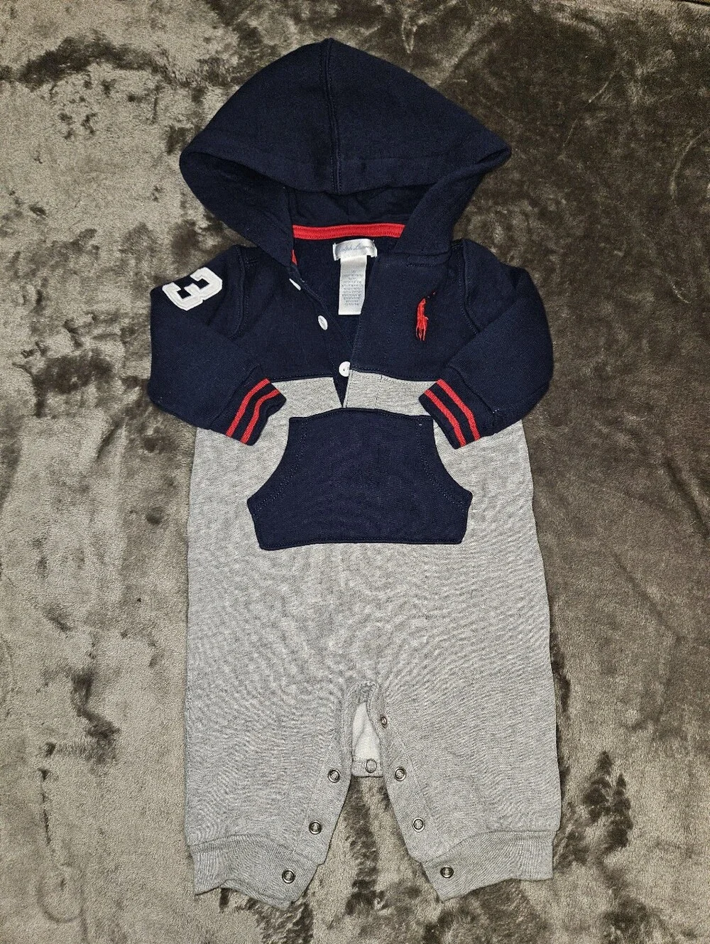 Ralph Lauren Baby Navy Gray Hoodie One-Piece Romper Snap Button 3 Months Preppy